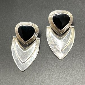 Sterling Silver 925 NF Onyx Chevron Style Door Knocker Pierced Earrings